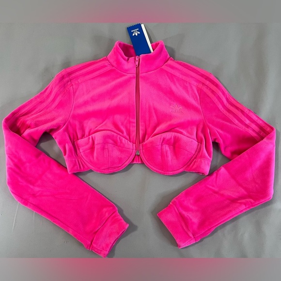 Adidas X Jeremy Scott‎ cropped Velour Track Jacket Neon Pink Sz Medium - Picture 1 of 14